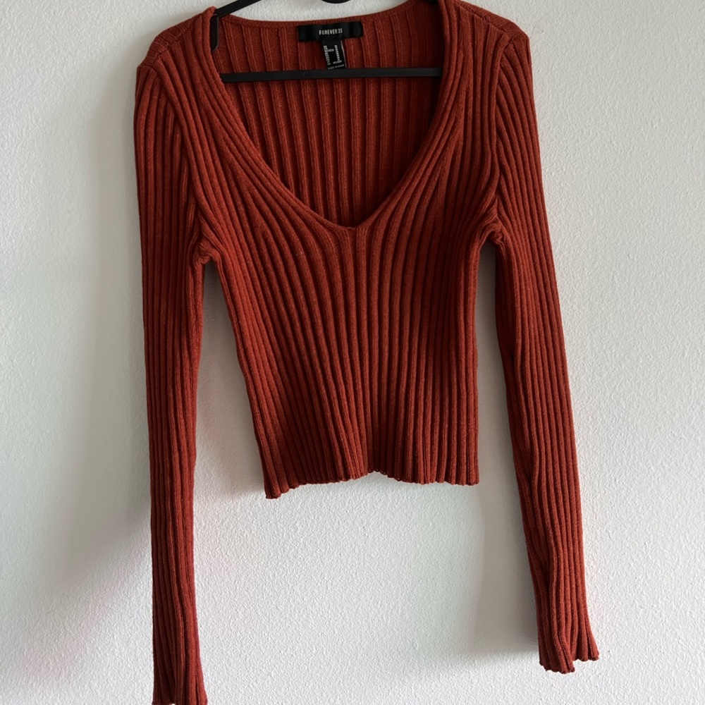 Rust Orange V Neck Sweater Crop